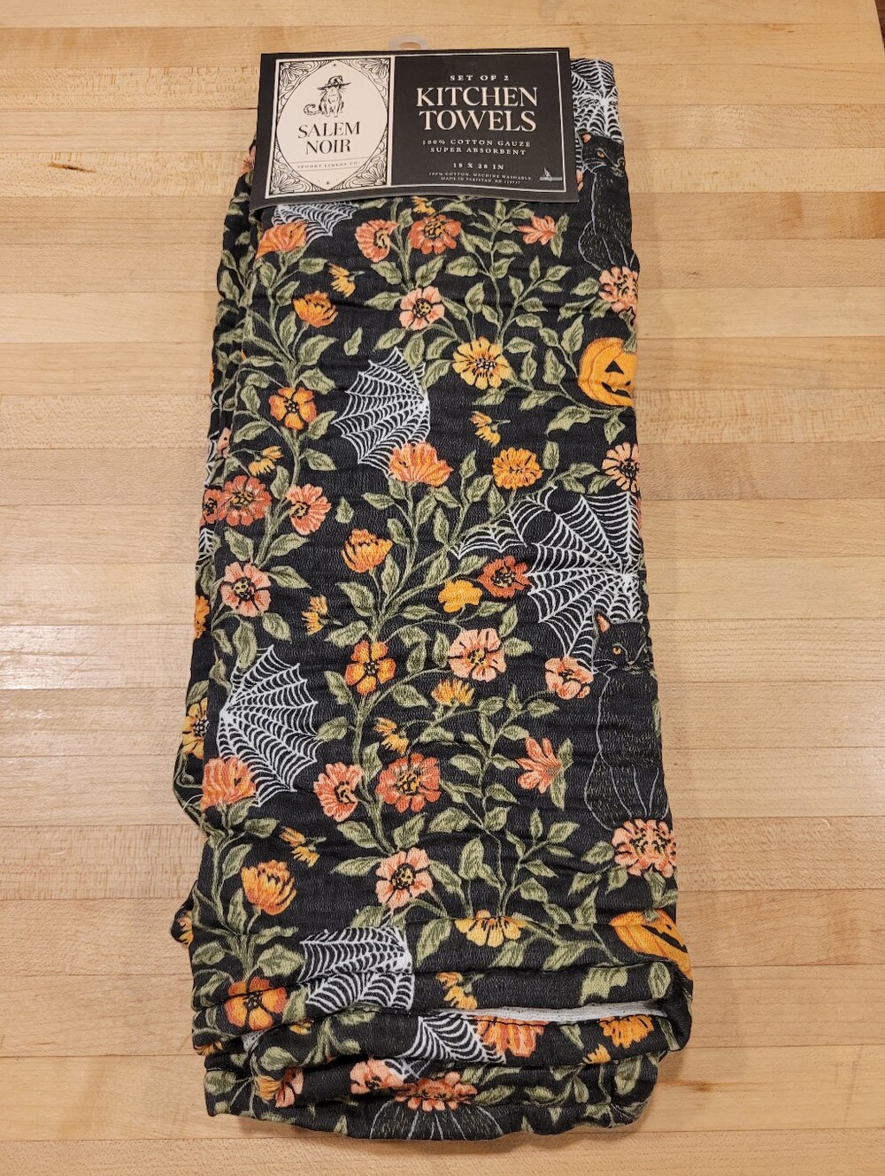 NEW Salem Noir Floral Black Cat & Jack-o-lantern Cotton Gauze Kitchen Towel Set